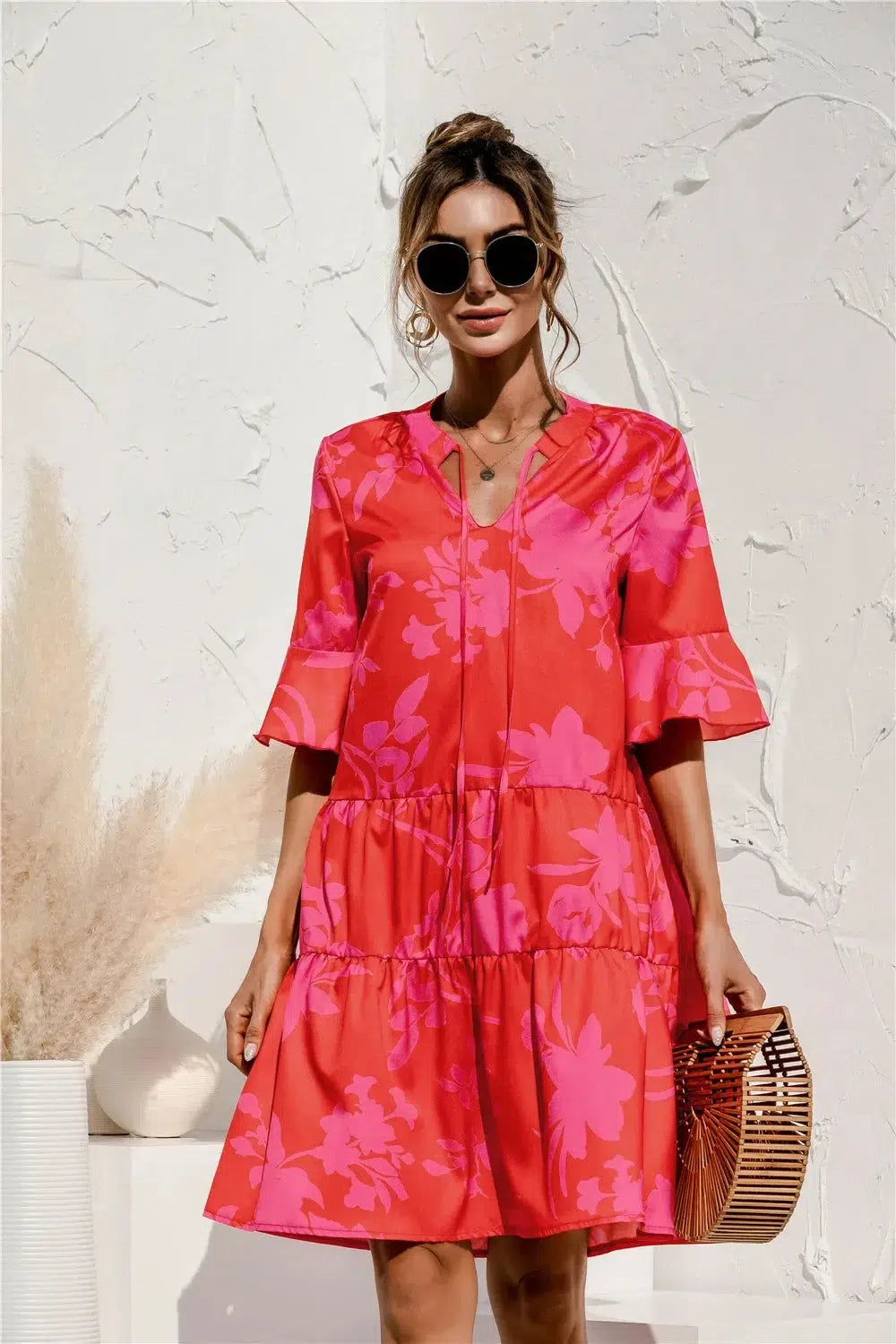 Summer Floral Women Dress Short Sleeve V-neck Flared Dress