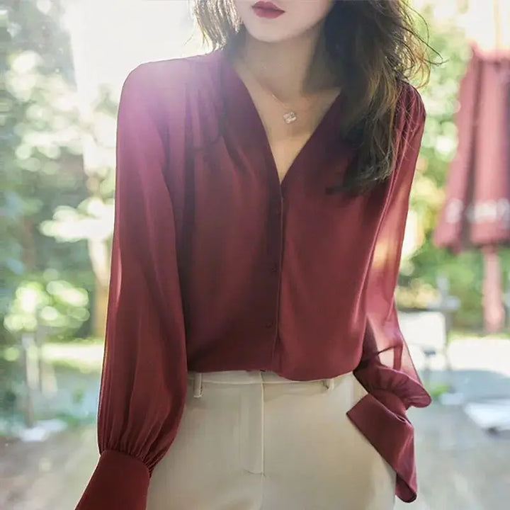 Chiffon V-Neck Blouse | Loose Fit Long Sleeve