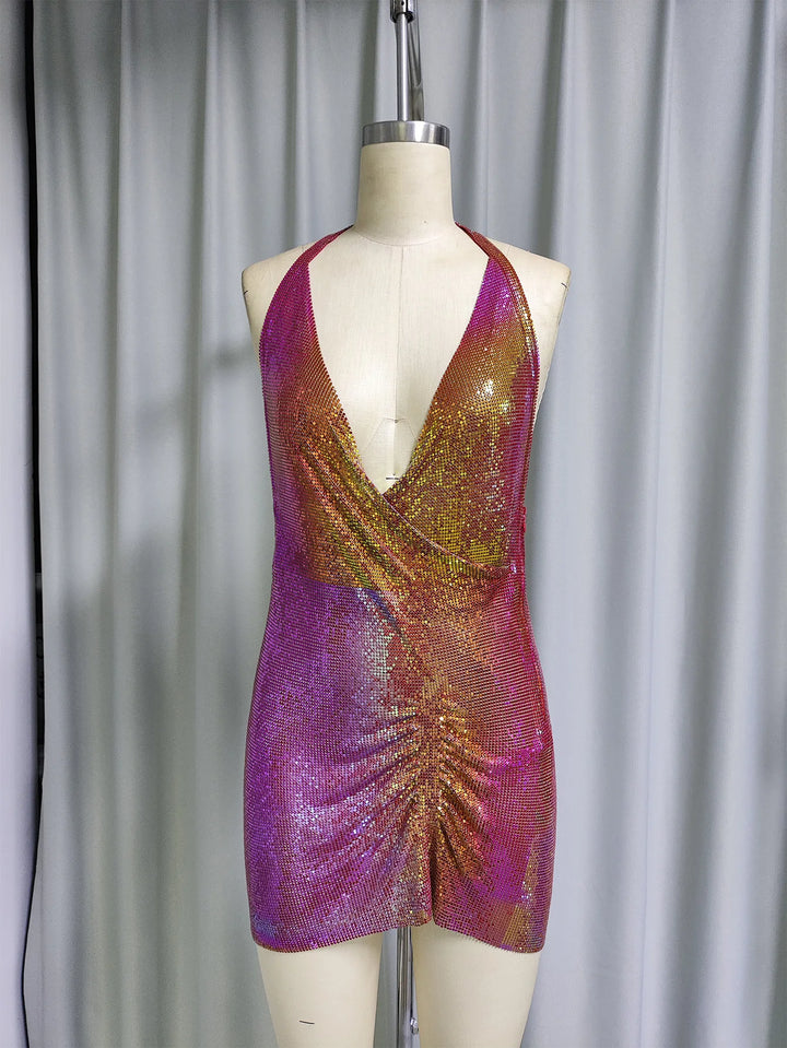 Pink Iridescent Chainmail Mini Dress | Sleeveless V - Neck Party Dress - Bennys Beauty World