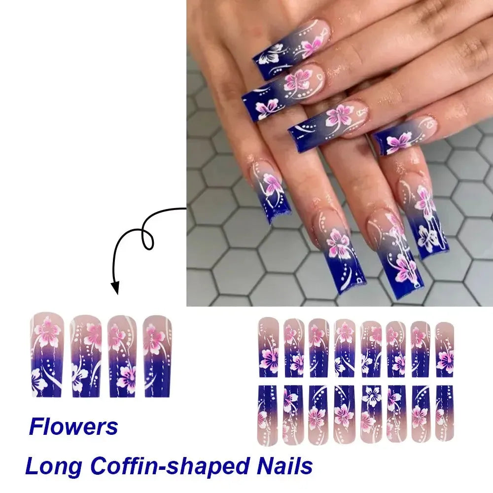 Long Coffin Press-On Nails – 24 Pcs Gradient Flower Design Reusable False Nails-Bennys Beauty World