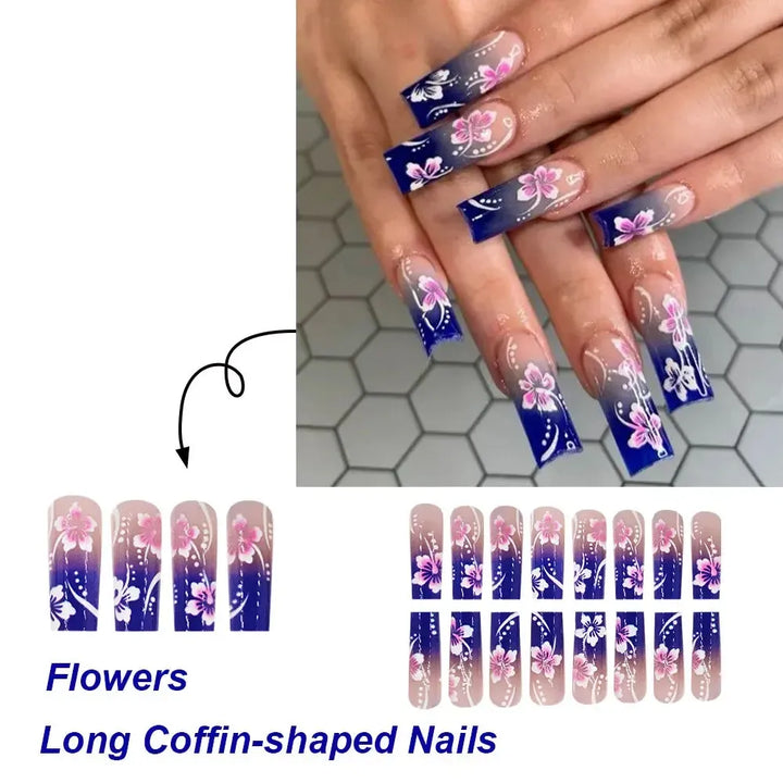 Long Coffin Press-On Nails – 24 Pcs Gradient Flower Design Reusable False Nails-Bennys Beauty World