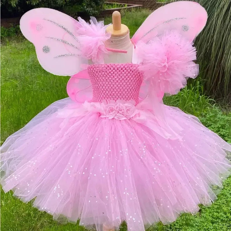 Girls Fairy Tutu Dress Set – Kids Fluffy Tulle Ball Gown with Wings, Wand & Headband for Birthday, Halloween & Party-Dresses-Bennys Beauty World