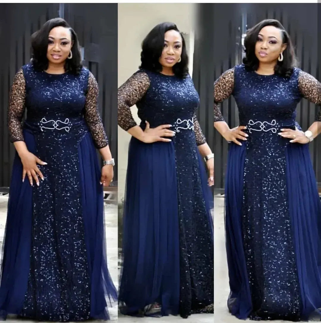 Wulend African Lace Party Dress for Women – Full-Length Sequin Kanga A-Line Gown-Dresses-Bennys Beauty World