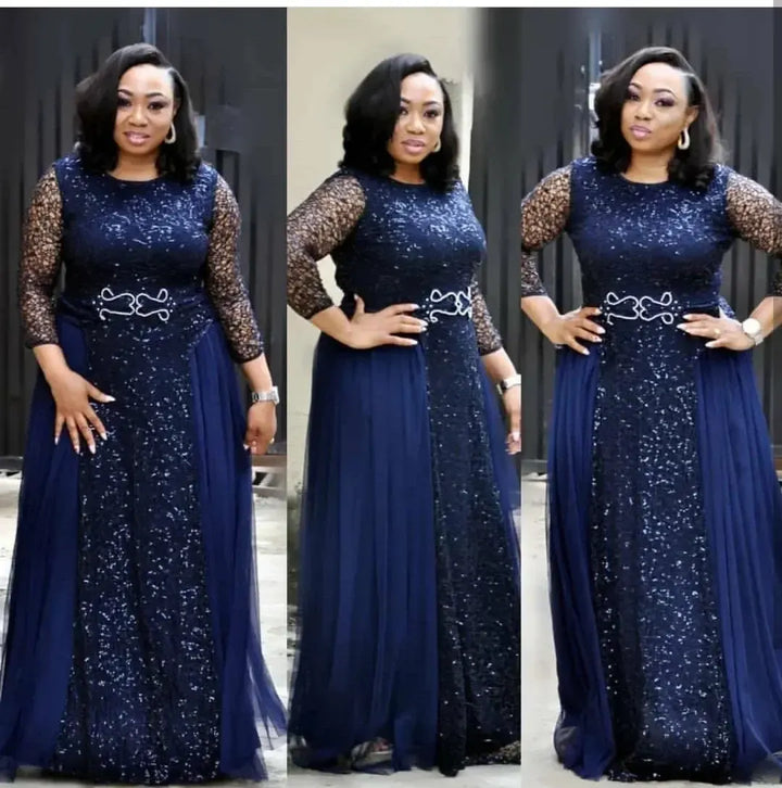 Wulend African Lace Party Dress for Women – Full-Length Sequin Kanga A-Line Gown-Dresses-Bennys Beauty World