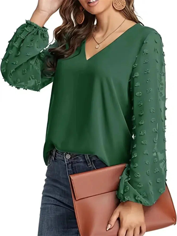 Women Spring Summer Style Blouses Shirts Lady Casual V-Neck Long Lantern Sleeve Solid color Blouse Tops DF5016-Bennys Beauty World