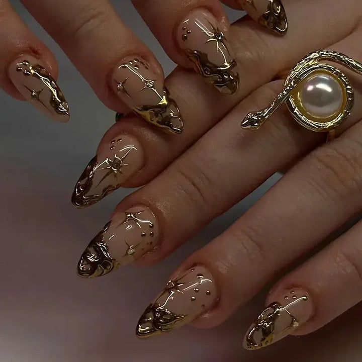French Almond Press-On Nails – 24 Pcs Blue Star Pattern False Nails-Nails-Bennys Beauty World