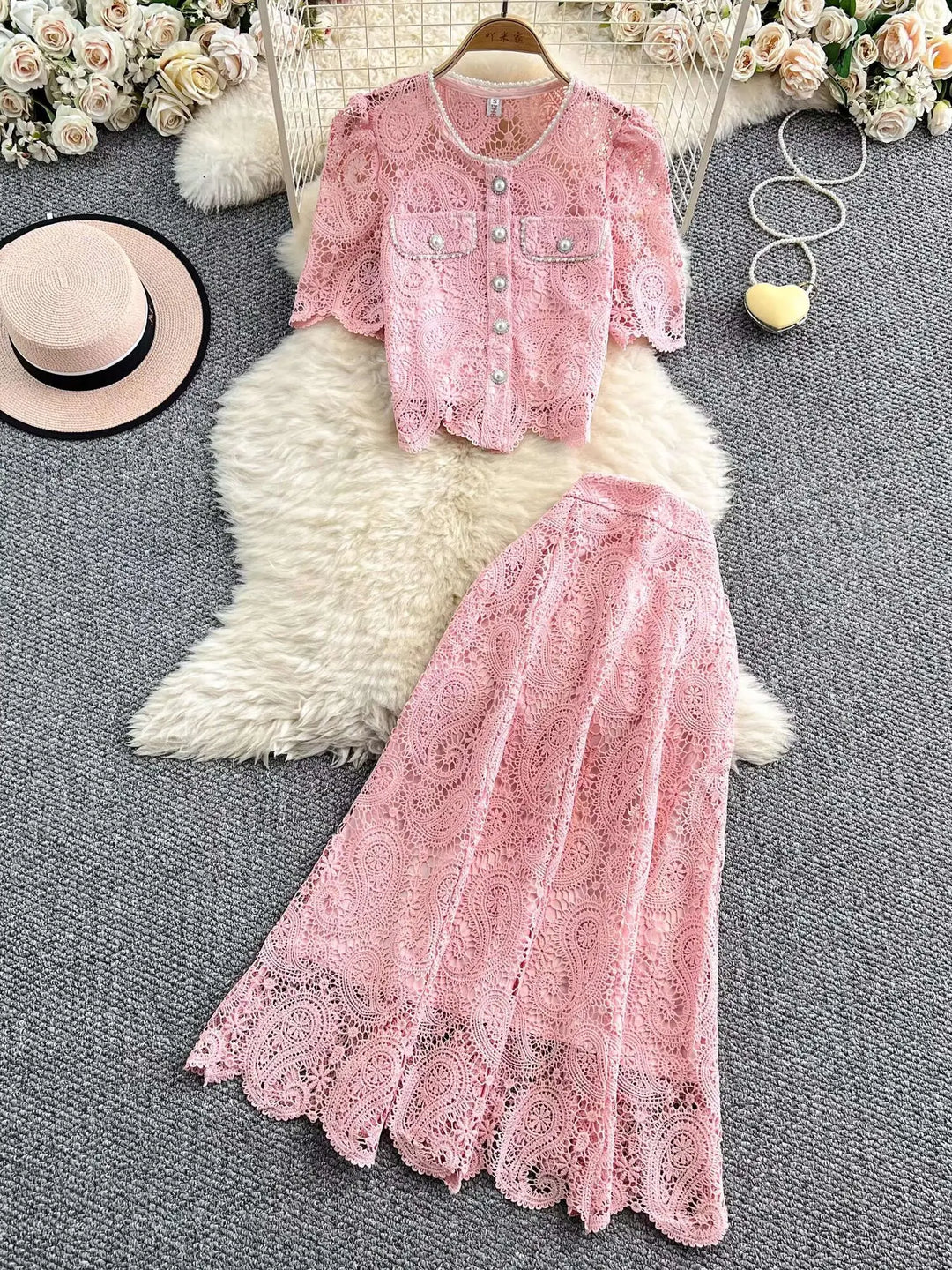 Elegant Pearl Long Dress Suits Women 2-Piece Sets