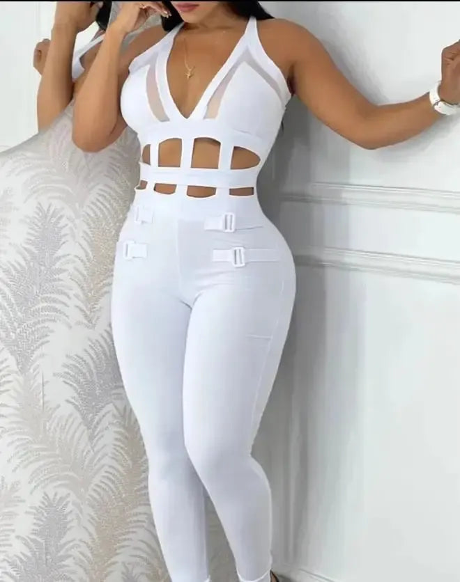 Women's jumpsuit 2025 summer new sleeveless new fashionable hollow camisole buckle comparison mesh tight jumpsuit-Bennys Beauty World