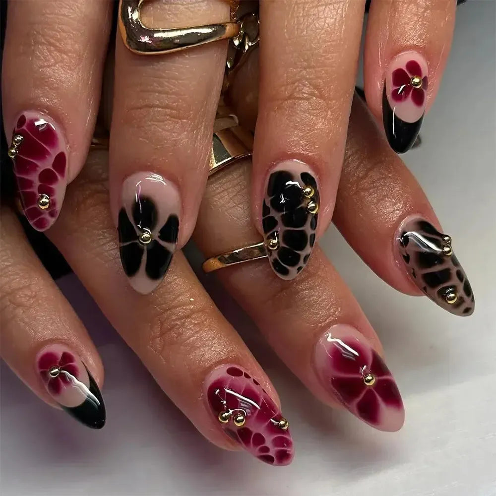 Almond Press-On Nails – 24 Pcs Flower Pattern False Nails | Bennys Beauty World-Nails-Bennys Beauty World