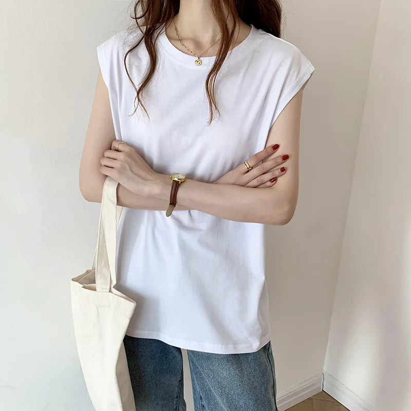 Women's O-neck Sleeveless White T-shirts