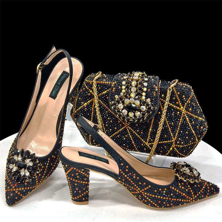 Ladies Italian Design Shoes And Bag Set Decorated with Rhinestone