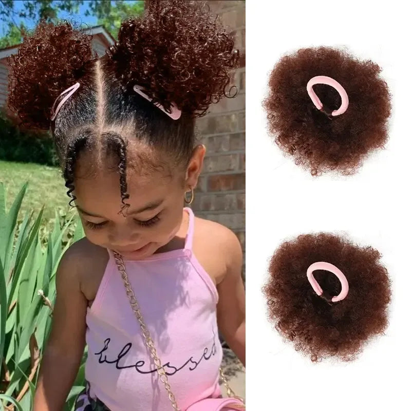 2Pcs/pack Afro Puff Hair Bun for Kids Synthetic Kinky Curly Hair Ponytail Extensions with Hair Tie Cute Hair Bun Wig for Kids-Bennys Beauty World