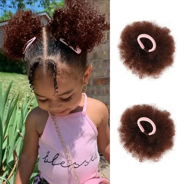 2Pcs/pack Afro Puff Hair Bun for Kids Synthetic Kinky Curly Hair Ponytail Extensions with Hair Tie Cute Hair Bun Wig for Kids-Bennys Beauty World