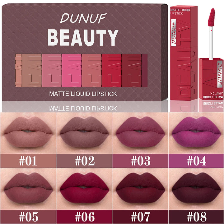 Matte Lip Gloss 8pc/set: Waterproof Lipstick Moisturizing Long Lasting Non-Stick Cup, Nude, Y2K Christmas Valentine&