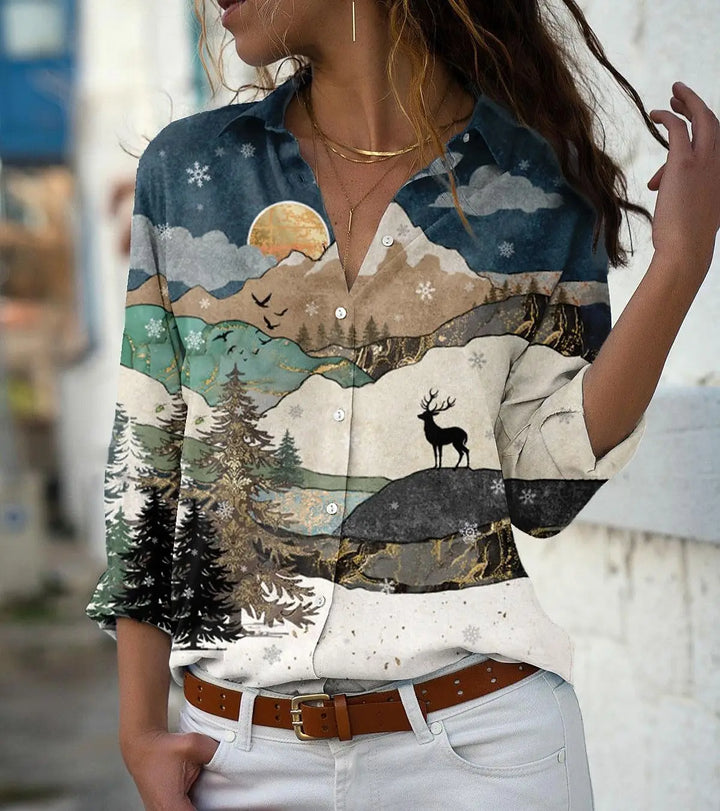 Women's Casual Printed Shirt – Loose Long Sleeve Blouse