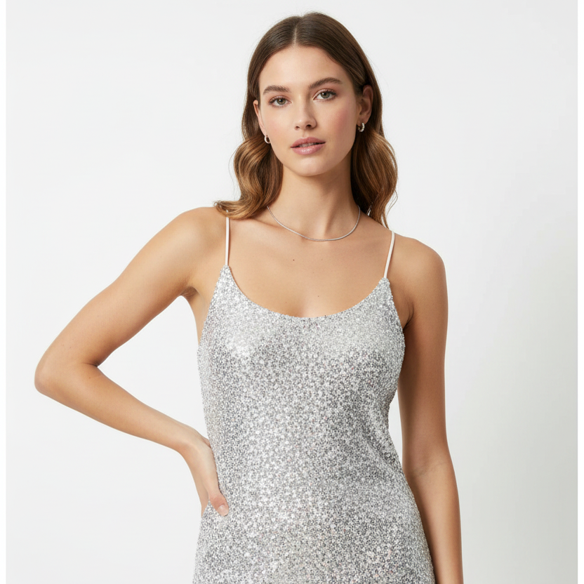 Silver Sequin Backless Evening Dress