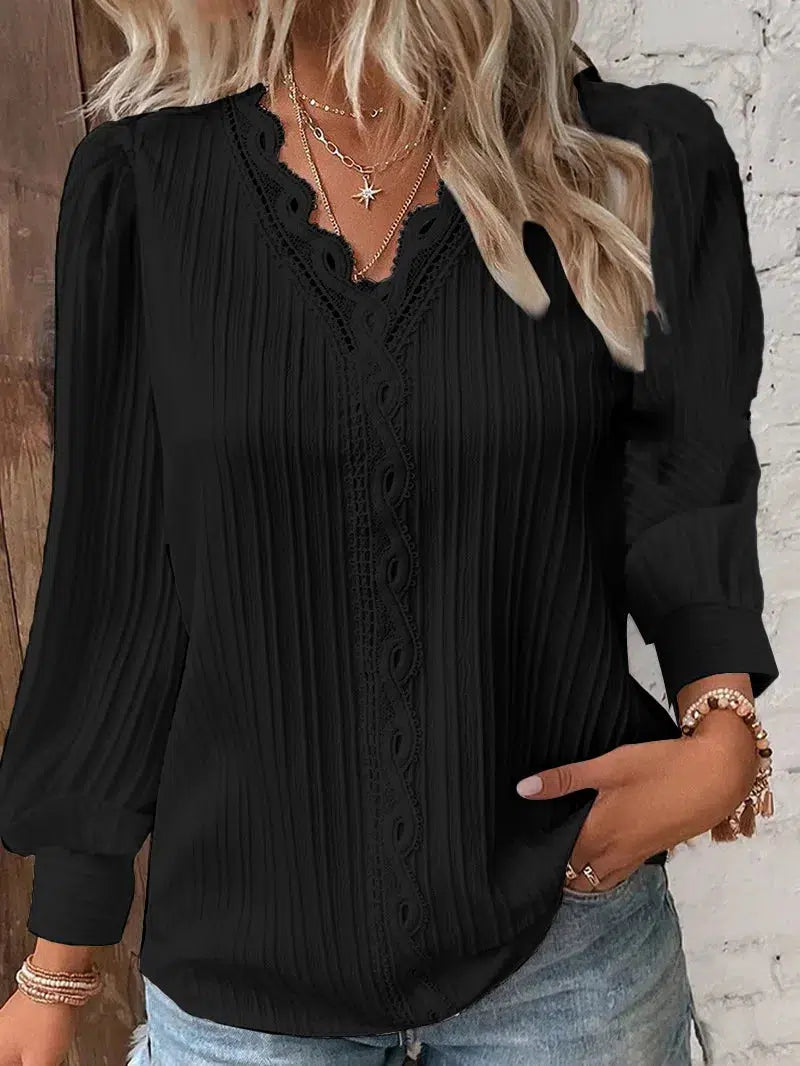 Women's Blouses Long Sleeved V-neck Lace Shirt 2023 Spring Autumn Solid Patchwork Blouse Elegant Office Lady Tops Casual Blusa-Bennys Beauty World