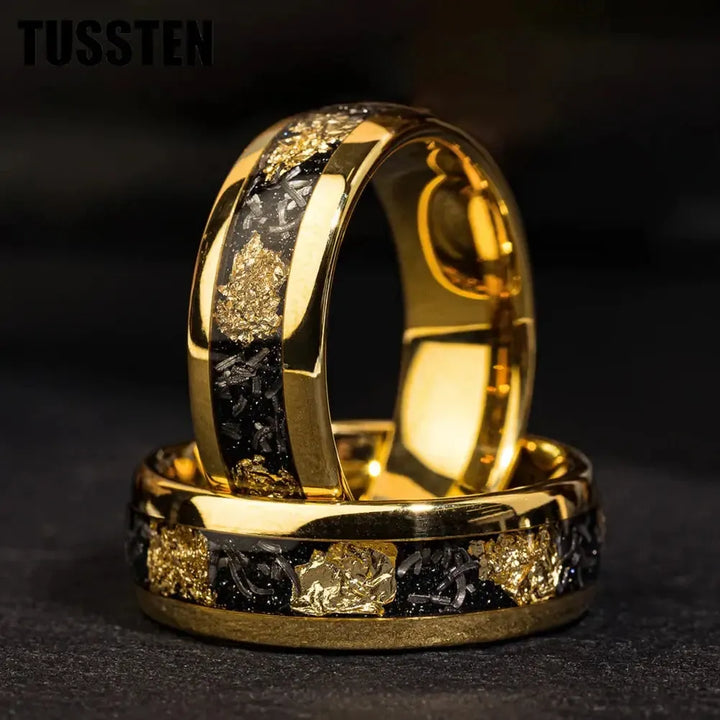 TUSSTEN Tungsten Carbide Wedding Band Ring – 4/6/8MM Dome Edge with Meteorite &amp; Gold Foil Inlay-Bennys Beauty World