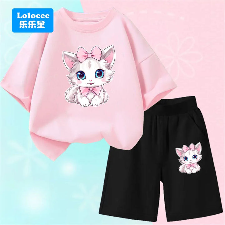 Girls Bow Cat Print T-Shirt &amp; Shorts Set | 2-Piece Summer Outfit | Ages 3–14