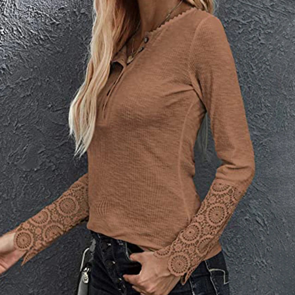Women Long Sleeve Round Neck Solid Stitching Lace Loose T-shirt for Spring