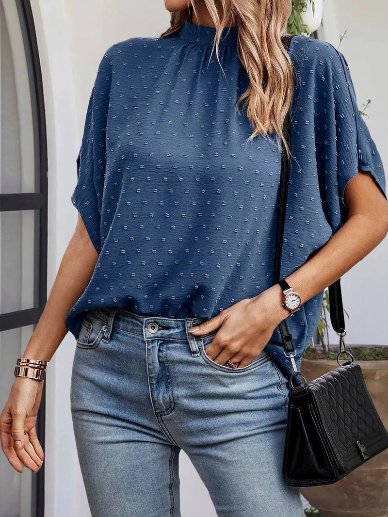 Women Elegant Solid Color Blouses Shirts Casual Half High Collar Short Sleeve Tops Ladies Basic Summer Office Top-Bennys Beauty World