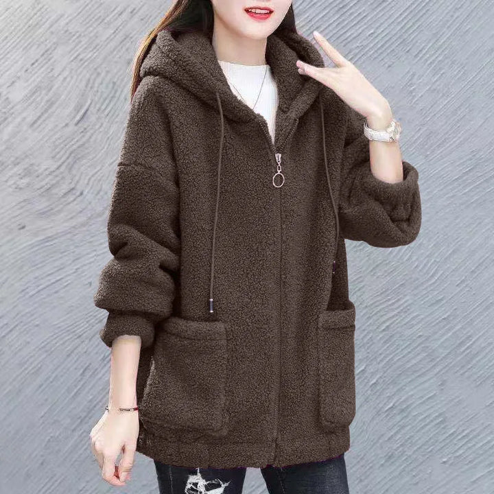 Women's Hooded Coat Chic Fleece Thick Solid Color Coat with Pockets