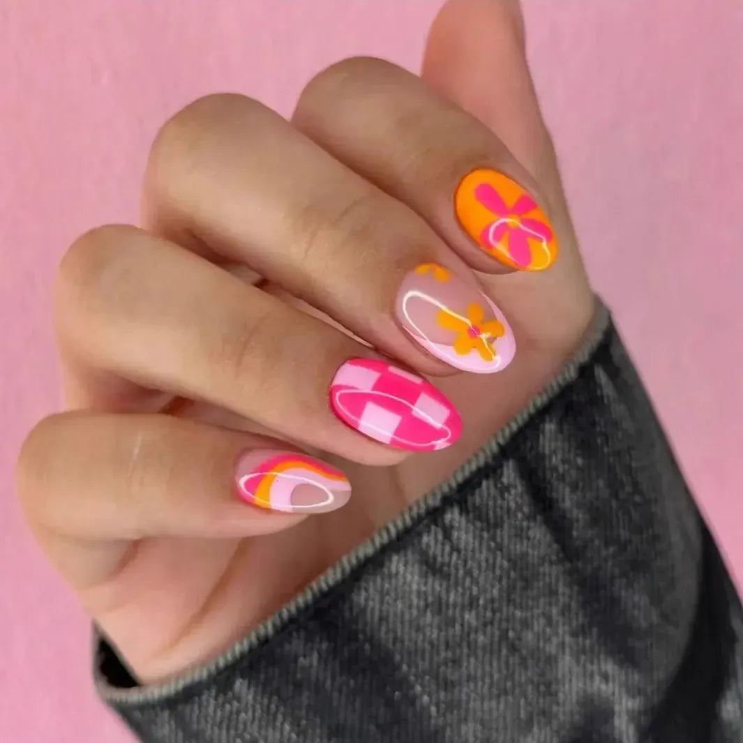 Short Round Press-On Nails – 24 Pcs Cute Line Flower Design Full Cover False Nails-Nails-Bennys Beauty World