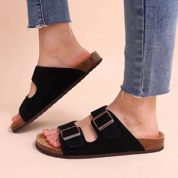 Comwarm Cork Footbed Sandals Women Summer Fashion Suede Flats Sandals With Arch Support Couple Open Toe Beach Slides Adjustable-Bennys Beauty World