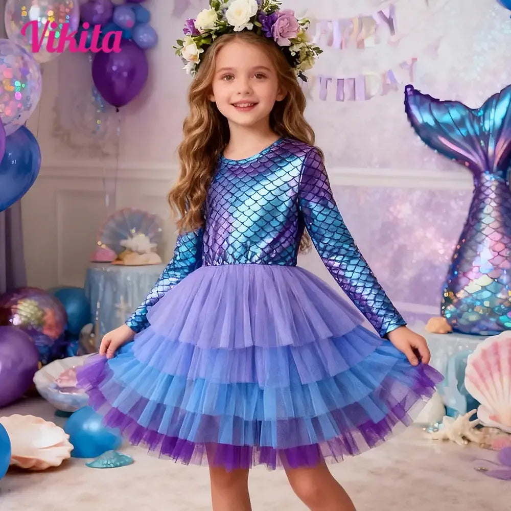 VIKITA Girls Mermaid Print Tulle Ball Gown Dress – Layered Mesh Princess Party Dress for Kids Ages 3–12-Baby & Toddler Dresses-Bennys Beauty World