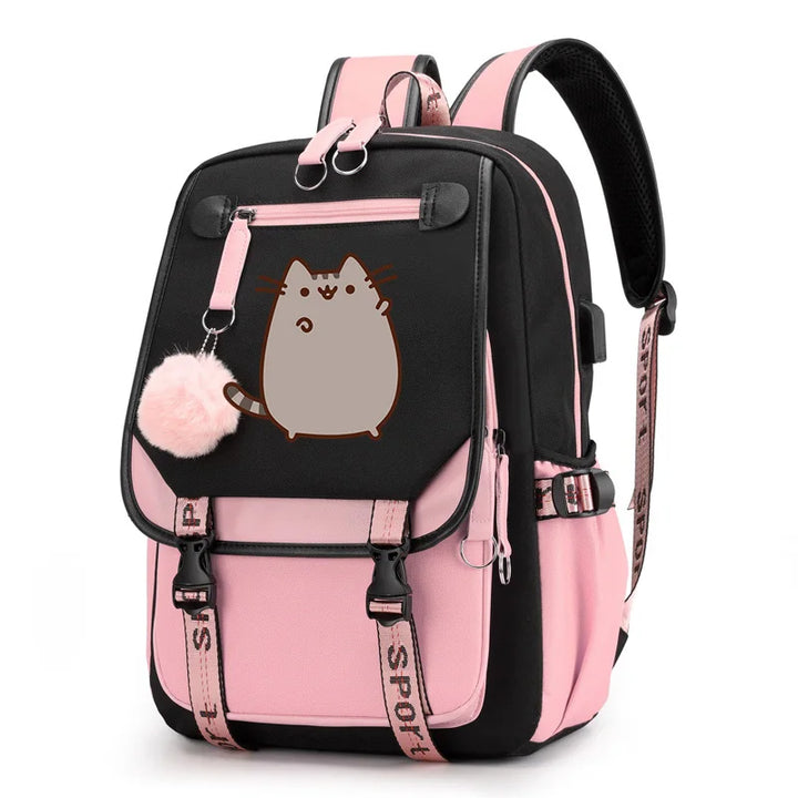 Kawaii Cartoon Cat Backpack – Pink Canvas School Bag for Girls & Teens