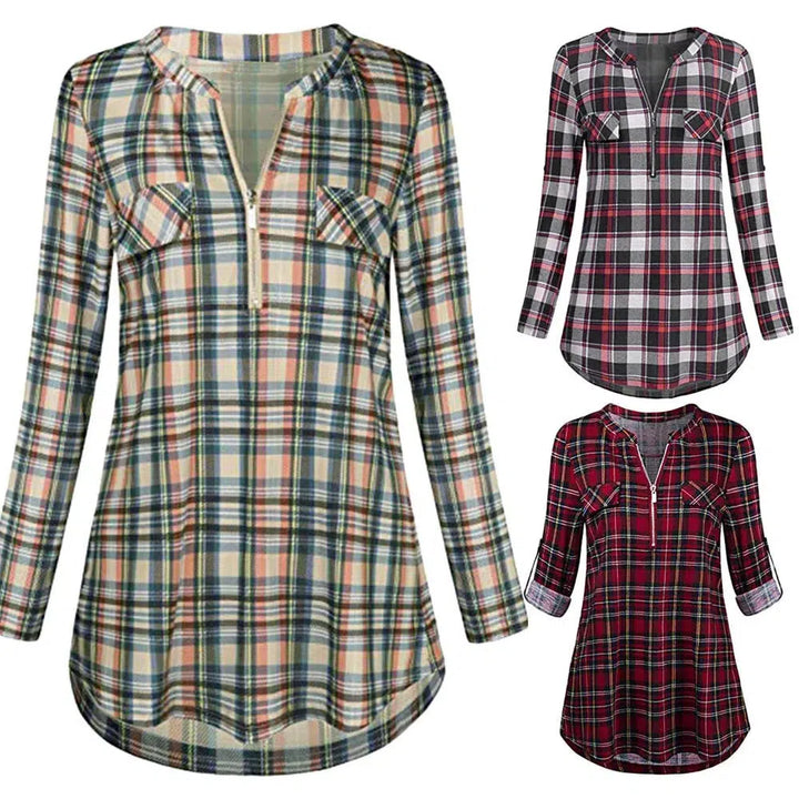 Womens Casual Rolled Sleeve Blouse Sexy Zipped V-neck Plaid Tunic Tops Spring Autumn 2022 Fashion Blouses And Shirts Chemise-Bennys Beauty World