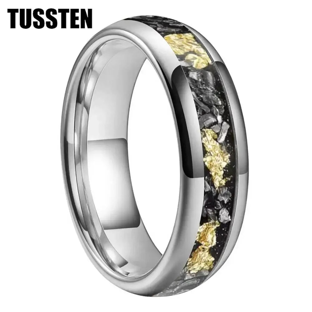 TUSSTEN Tungsten Carbide Wedding Band Ring – 4/6/8MM Dome Edge with Meteorite &amp; Gold Foil Inlay-Bennys Beauty World