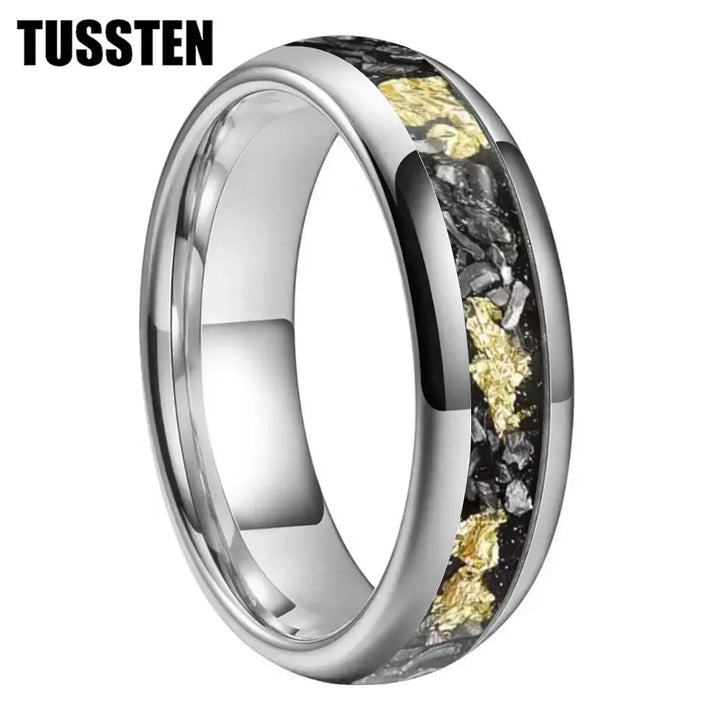 TUSSTEN Tungsten Carbide Wedding Band Ring – 4/6/8MM Dome Edge with Meteorite &amp; Gold Foil Inlay-Bennys Beauty World
