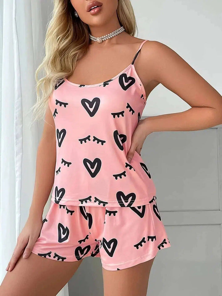 1 Set Soft Heart Print Pajama Set Casual Sleeveless Loungewear & Sleepwear-Dresses-Bennys Beauty World