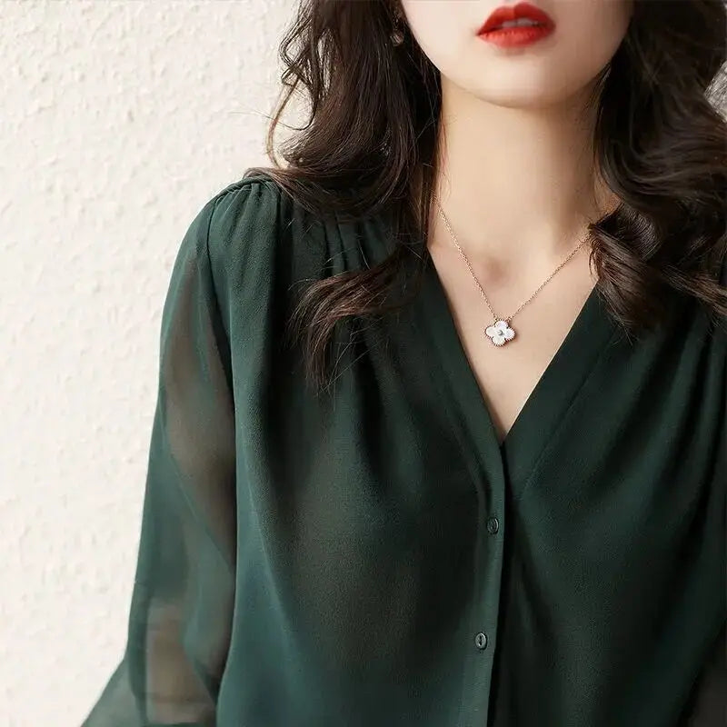 Chiffon V-Neck Blouse | Loose Fit Long Sleeve