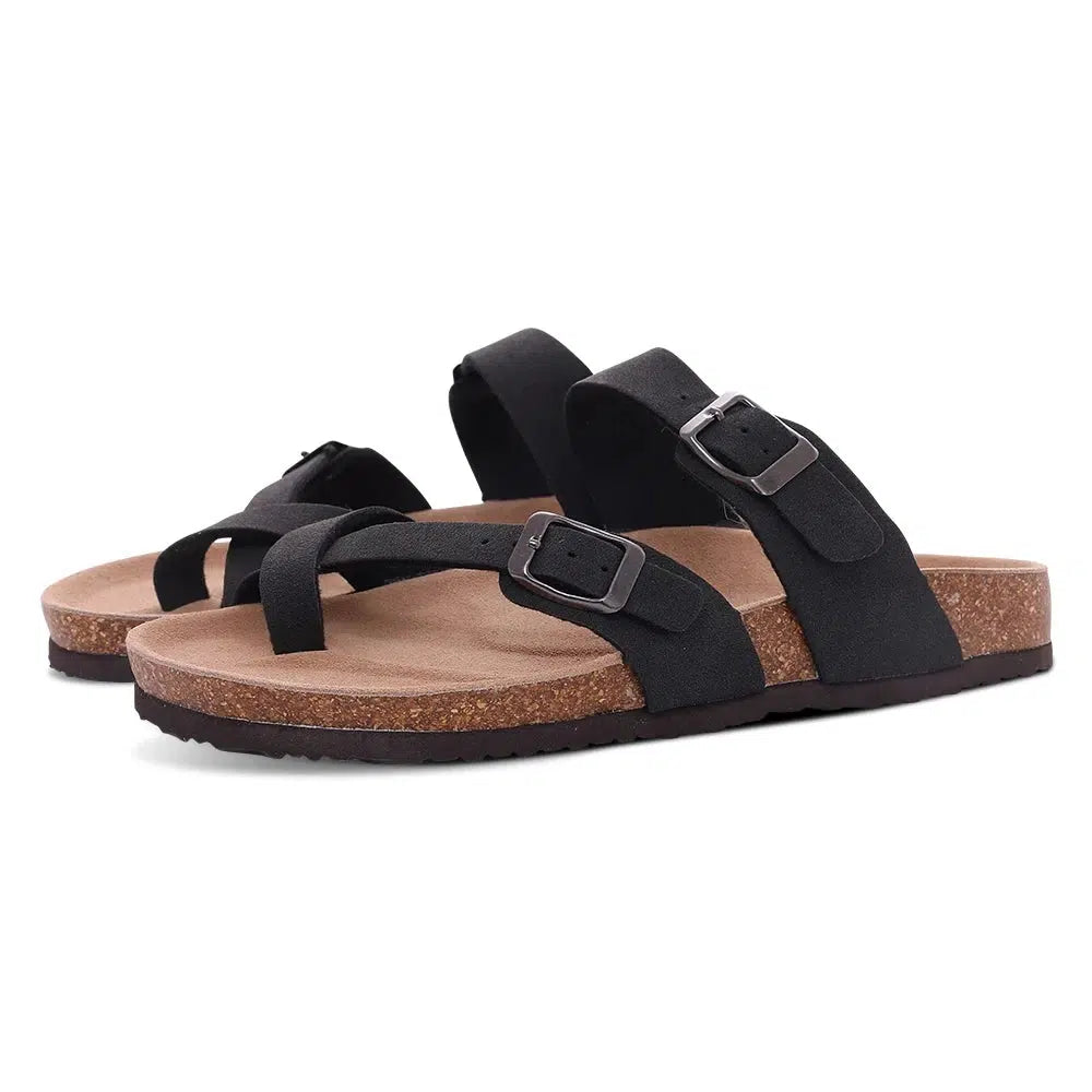 Comwarm Cork Footbed Sandals Women Summer Fashion Suede Flats Sandals With Arch Support Couple Open Toe Beach Slides Adjustable-Bennys Beauty World