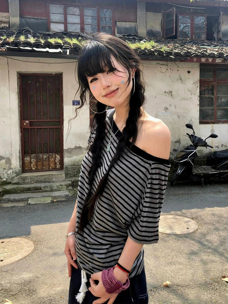 T-Shirt For Women Striped Off-Shoulder Grunge Tops