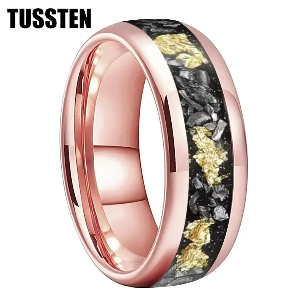 TUSSTEN Tungsten Carbide Wedding Band Ring – 4/6/8MM Dome Edge with Meteorite &amp; Gold Foil Inlay-Bennys Beauty World