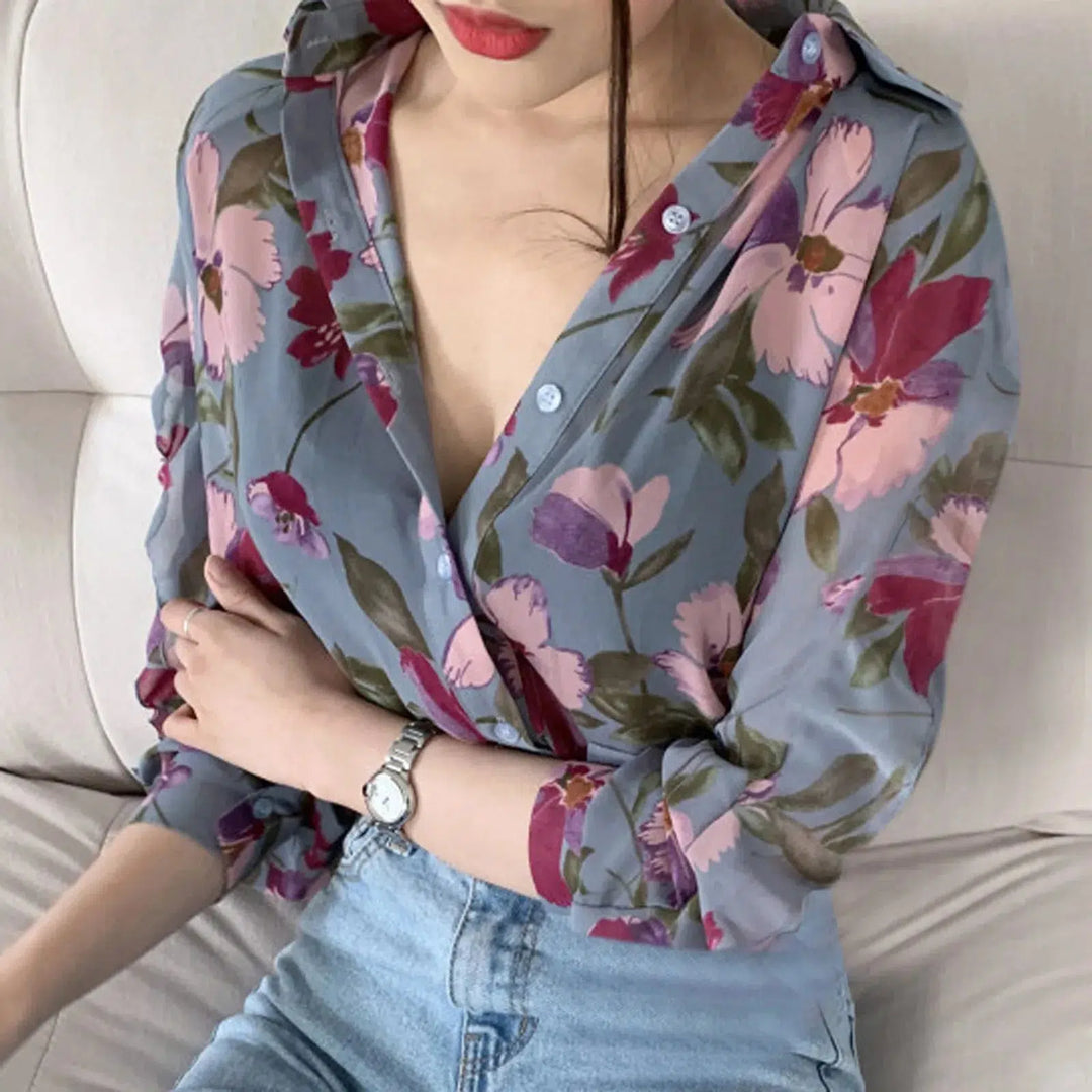 Women'S Blouse Dressy Blouses Puff Button Women Top V-Neck Printed Sleeve Fashion Long Chiffon Ladies Shirts Blusa Feminina-Bennys Beauty World