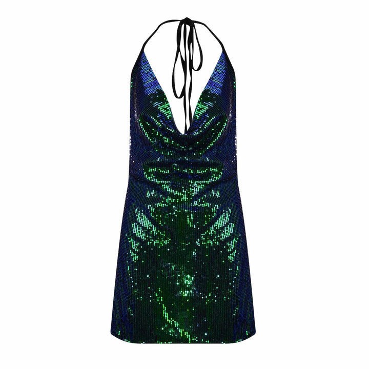 Sequin Halter Backless Mini Dress with Slit