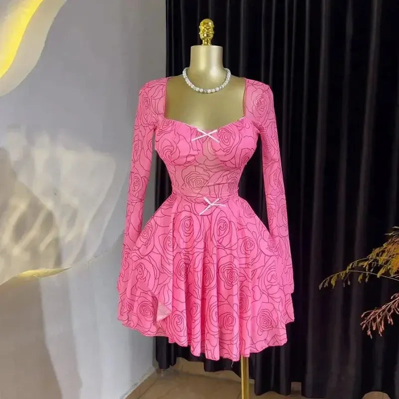 Women's Y2K Print Mini Dress – Long Sleeve A-Line Bow Party Dress-Dresses-Bennys Beauty World