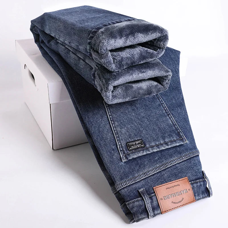 Warm Jeans Men's Slim Straight Elastic Denim Pants