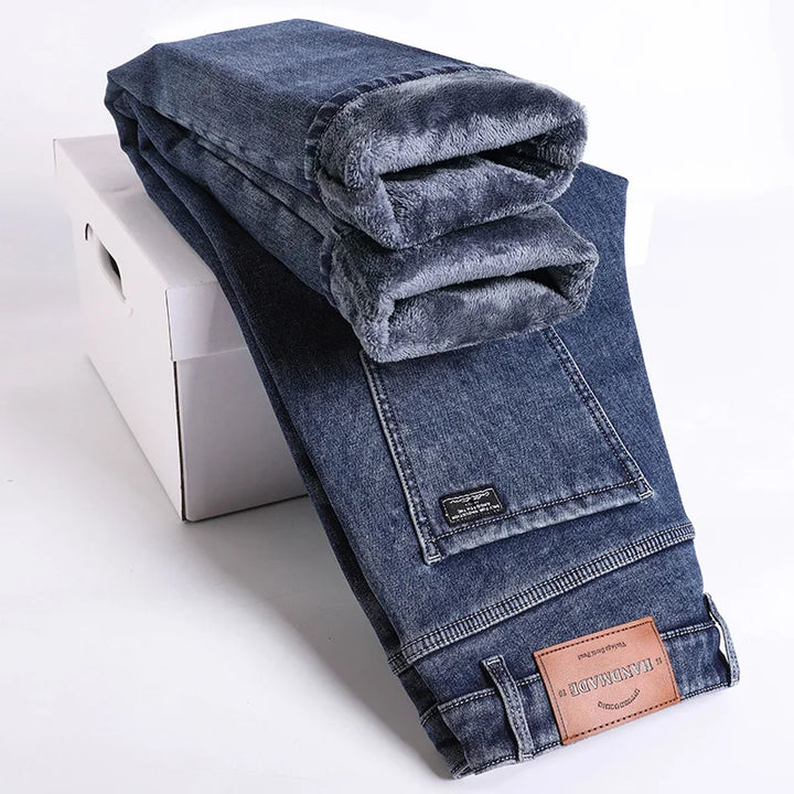 Warm Jeans Men's Slim Straight Elastic Denim Pants