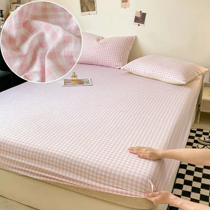 Plaid Style Fitted Sheet Skin-friendly Bed Cover Elastic Bedsheet