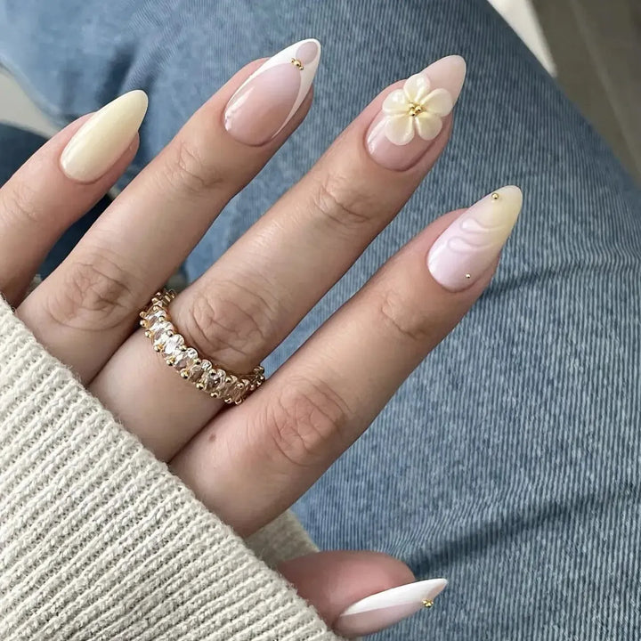 Gradient Pink Almond Press-On Nails – 24 Pcs Flower &amp; Pearl Design False Nails-Nails-Bennys Beauty World