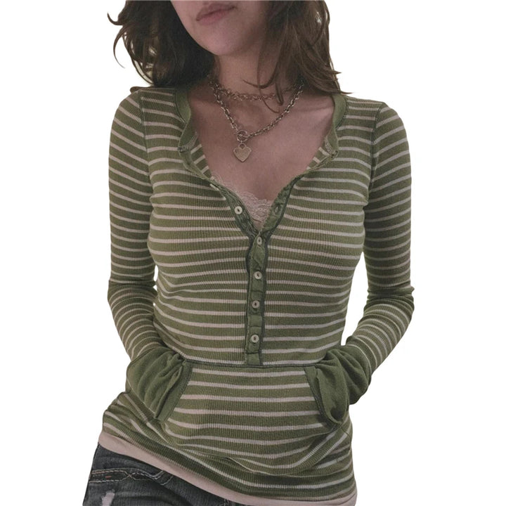 Vintage T Shirt Black Grey Striped V Neck Long Sleeve Jumper Tops