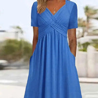 Womens Fashion Casual Solid Color V-neck Short Sleeve Summer Dresses-Bennys Beauty World