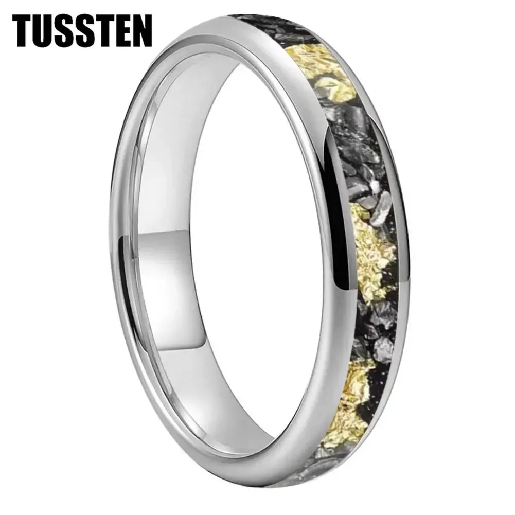 TUSSTEN Tungsten Carbide Wedding Band Ring – 4/6/8MM Dome Edge with Meteorite &amp; Gold Foil Inlay-Bennys Beauty World