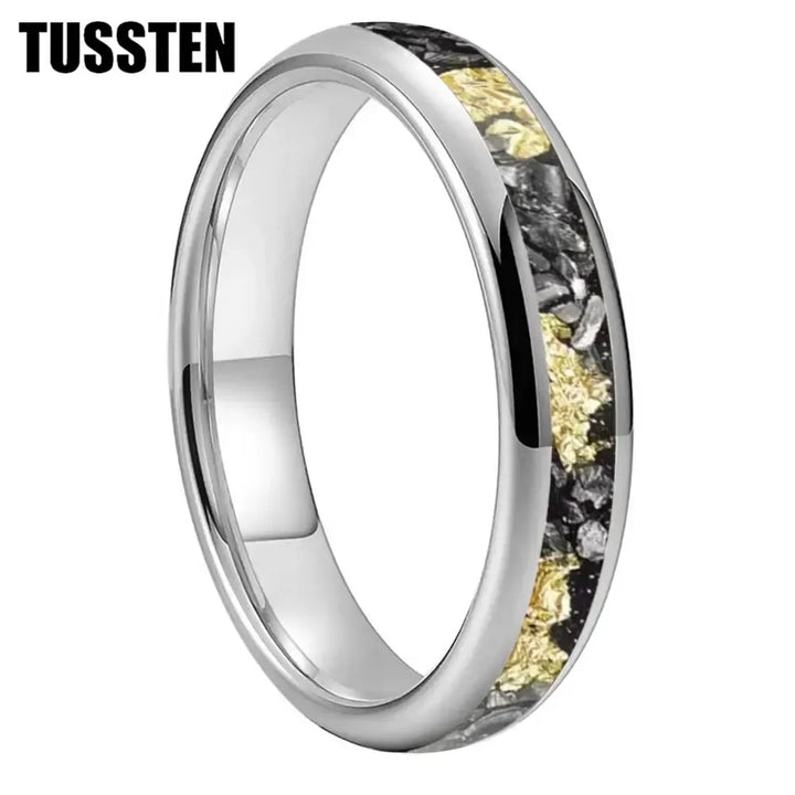 TUSSTEN Tungsten Carbide Wedding Band Ring – 4/6/8MM Dome Edge with Meteorite &amp; Gold Foil Inlay-Bennys Beauty World