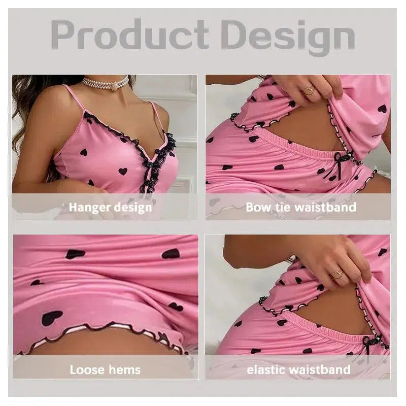 Sexy Summer Two Pieces Women Pajamas Set Deep V-Neck Tops And Shorts Pajama Suit Ladies Sleeveless Nightwear For Female-Bennys Beauty World